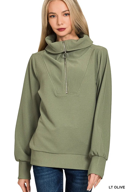 Zenana Ribbed High Neck Half Zip Pullover & Pants Set