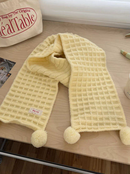 Waffle Knit Pom-Pom Scarf