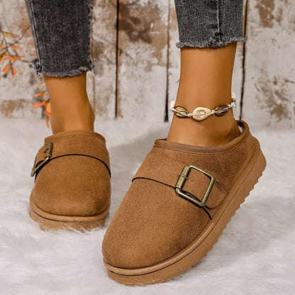 Buckle Decor Plush Lined Warm Slippers