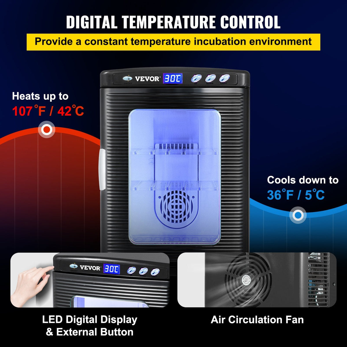 Black Reptile Incubator 25L Scientific Lab Incubator Digital Incubator Cooling And Heating 5-42°C Reptile Egg Incubator 12V/110V Work For Small Reptiles