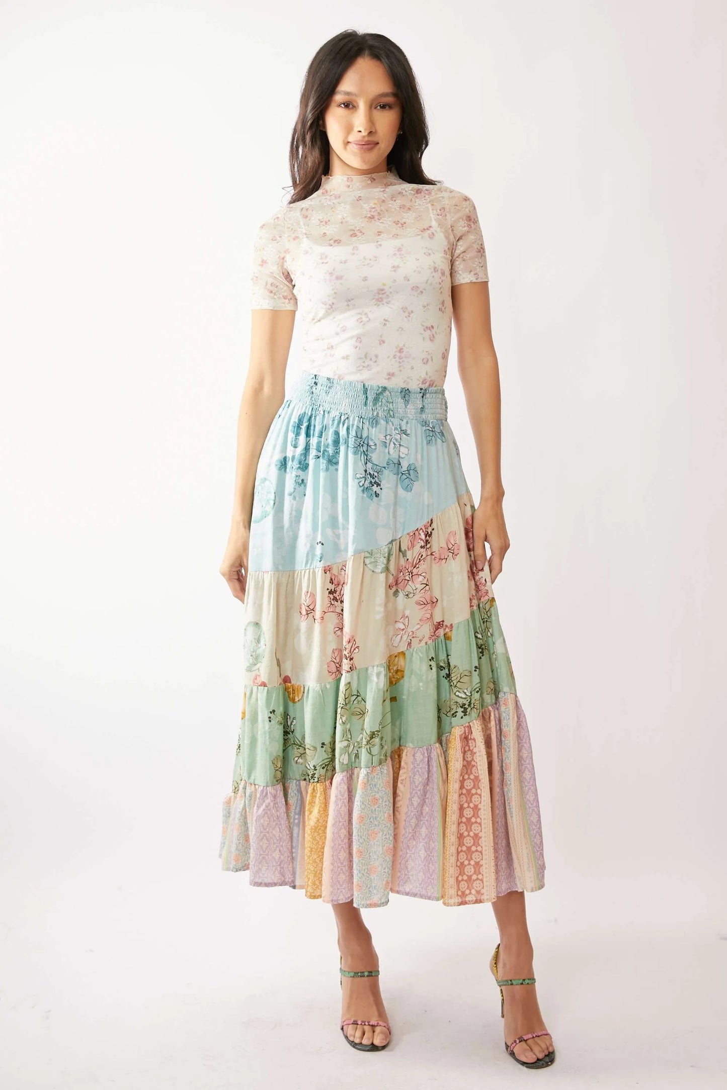 Davi & Dani Floral Mesh Mock Neck Short Sleeve Top