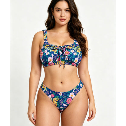 Women's Floral Print Bralette Bikini Set, Ruched Shoulder Straps & Front Tie Top, High Cut Cheeky Bottom 2 Piece Swimsuit