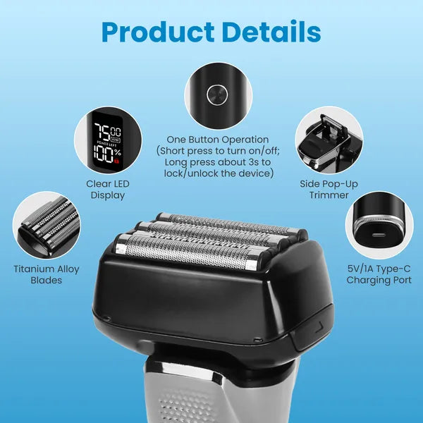 Electric Foil Face Shaver 5-Blade Electric Razor For Men Wet & Dry Jawline Beard Trimmer Precision Sideburn Shavers IPX6 Waterproof With LED Display Cleaning Brushes GPCT5466