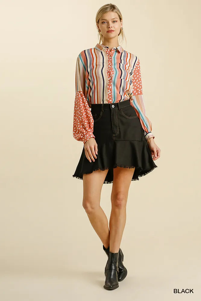 Umgee Linen Blend 5 Pockets High Low Skirt with Frayed Hem