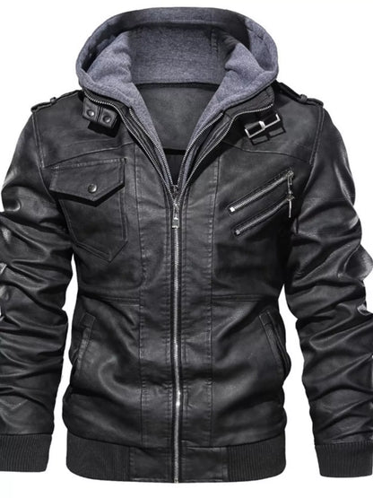 Men's Full Size Hooded Faux Leather Moto Jacket Plus Size