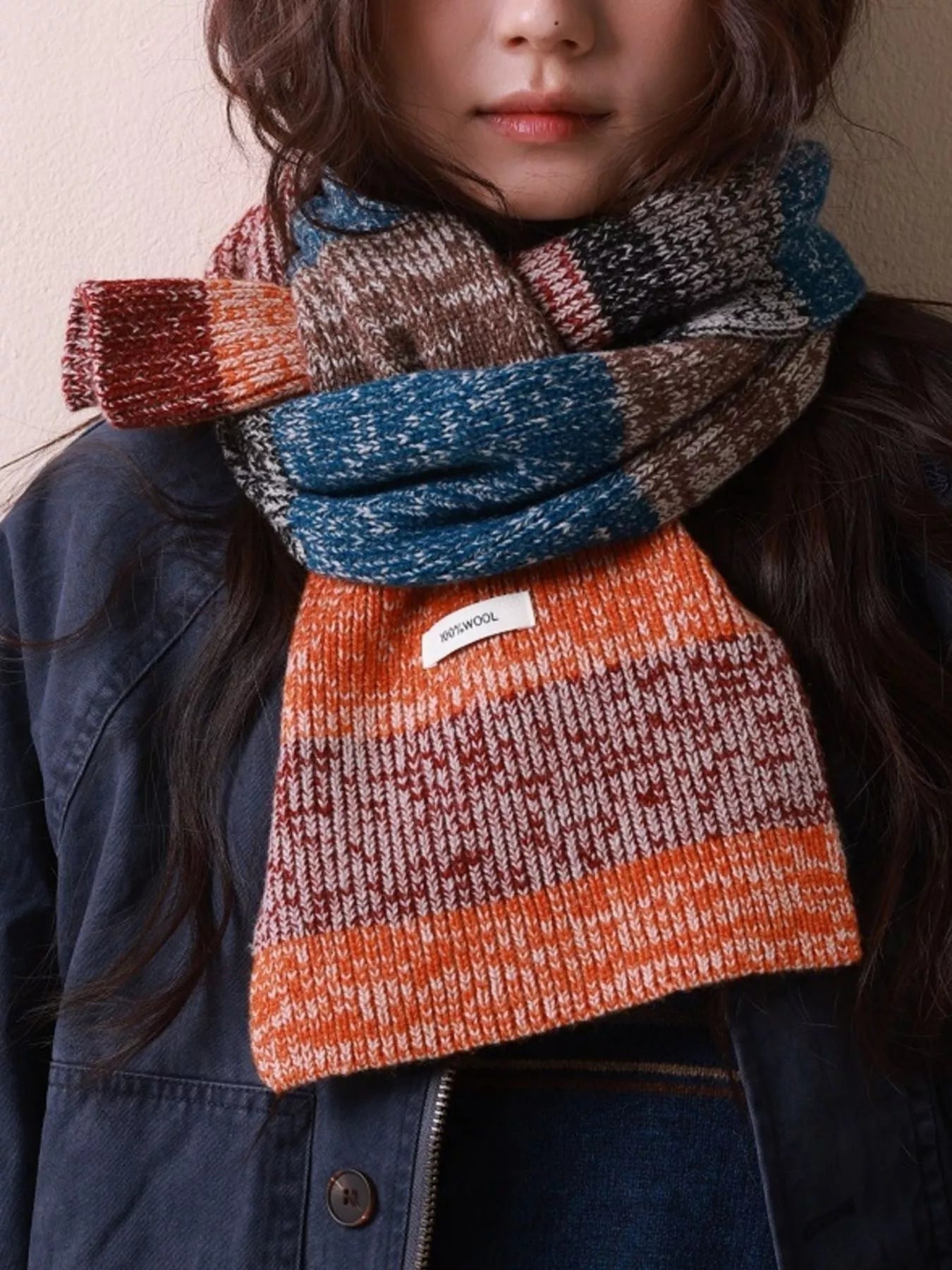 100% Wool Color Block Knitted Scarf
