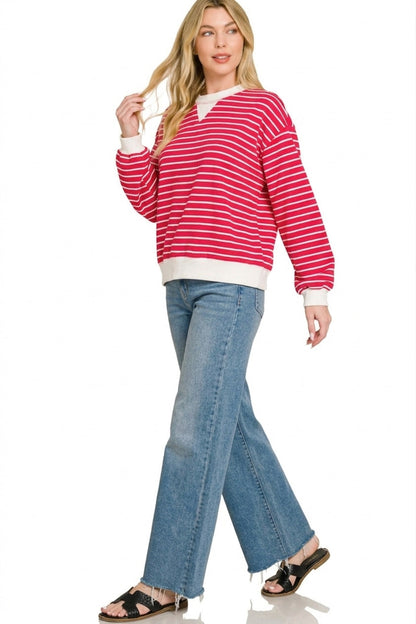 Zenana Striped Rib Banded Sweatshirt