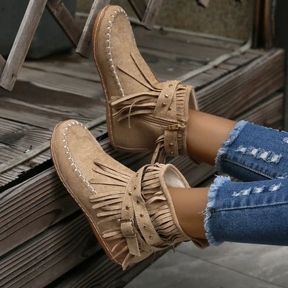 Fringe Studded Suede Flat Boots