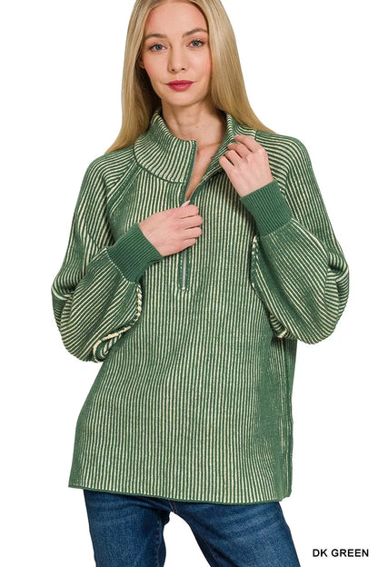 Zenana Ribbed Two Tone Half Zip Sweater