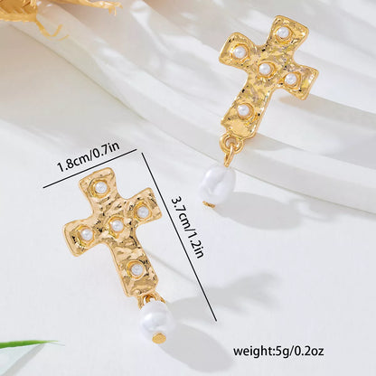 18K Gold-Plated Synthetic Pearl Cross Drop Earrings