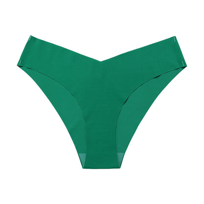 Seamless Ice Silk Underwear For Women With V-shaped Waistband. One-piece Pure Cotton Crotch Breathable Women's Briefs.