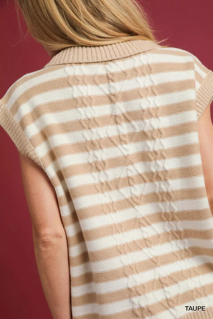 Umgee Cable Knit Collared Striped Vest Sweater