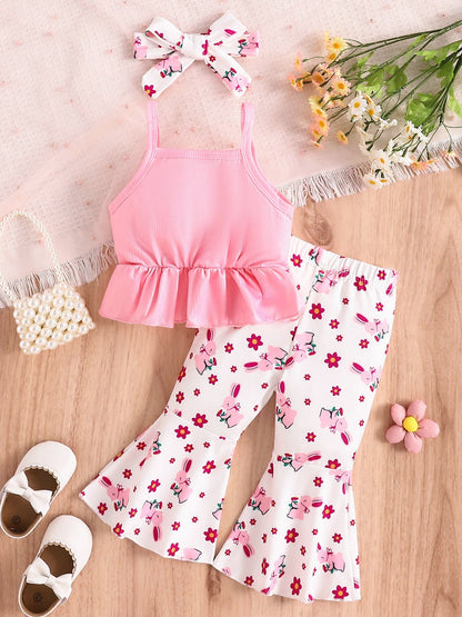 Children's Ruffle Hem Tank Top with Flare Pants and Headband Set