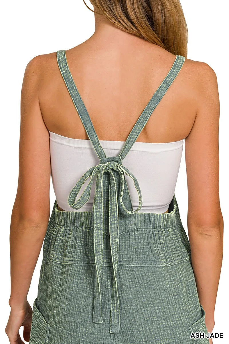 Zenana Washed Double Gauze Tie Back Rompers