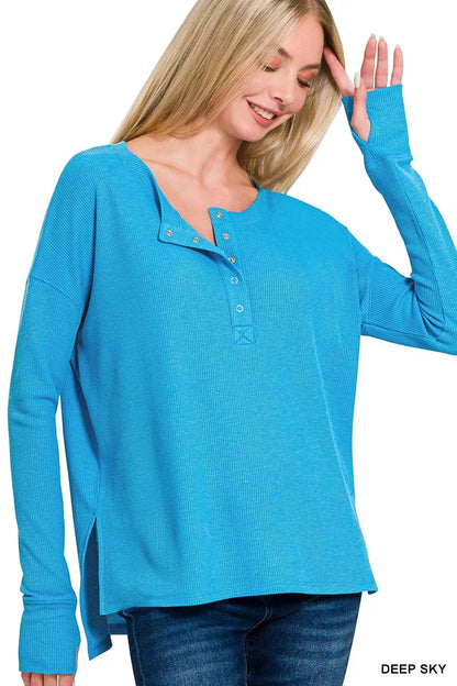 Zenana Waffle Thumb Hole Cuffs Henley Tee