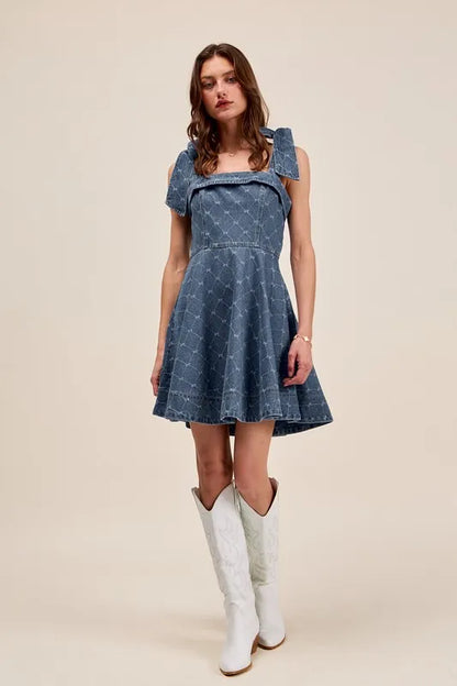 SO ME A Line Fit and Flare Diamond Bow Ribbon Denim Dres