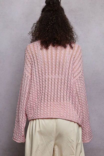 POL Openwork Round Neck Knit Top with Shiny Detail
