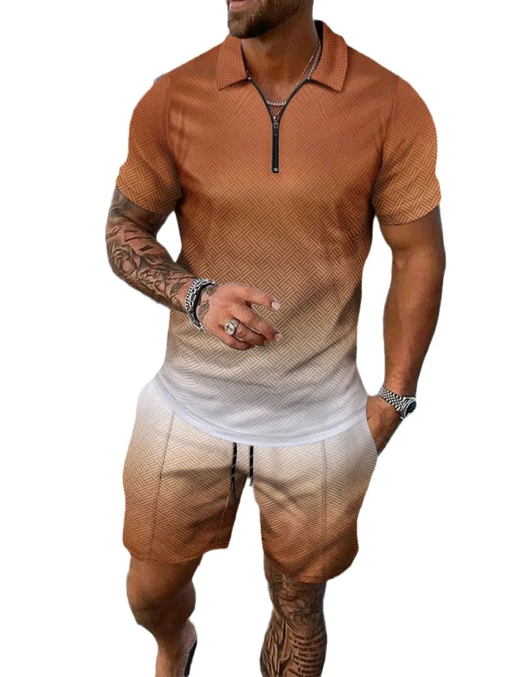 Men's Full Size Gradient Collared Neck Top and Shorts Set Plus Size