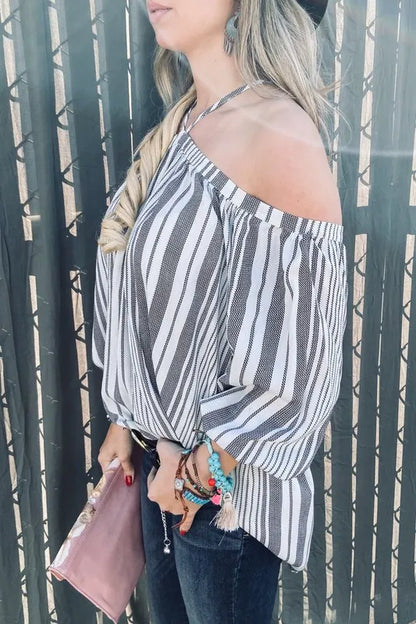 And The Why Stripe Printed Cold Shoulder Halter Neck Top