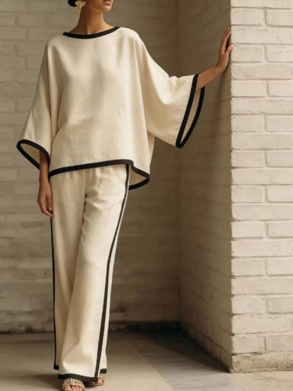 Full Size Contrast Trim Top and Wide-Leg Pants Set Plus Size