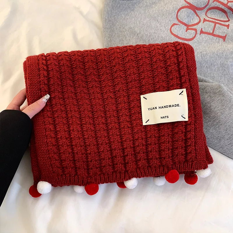 Handmade Knitted Pom-Pom Scarf