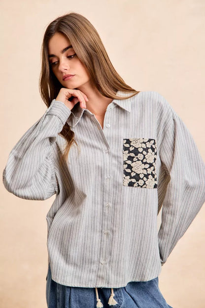 BiBi Flower Jacquard Knit Patch Pocket Stripe Shirt