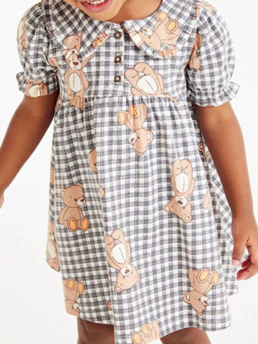 Children's Gingham Teddy Bear Print Peter Pan Collar Dress