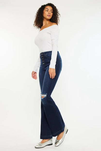 Kancan Button Fly High Rise Distressed Flare Jeans