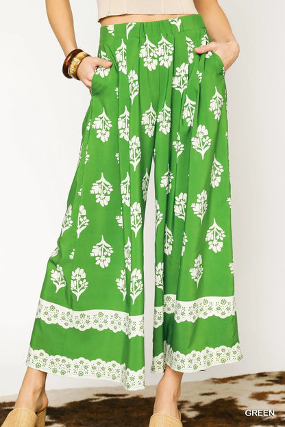 Umgee Floral Pleated Wide-Leg Pants
