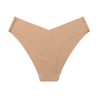 Seamless Ice Silk Underwear For Women With V-shaped Waistband. One-piece Pure Cotton Crotch Breathable Women's Briefs.