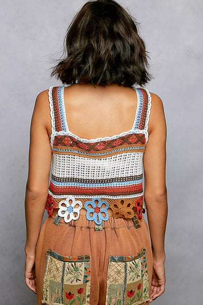 POL Cutout Flower Cropped Crochet Cami with with Dangle Detail