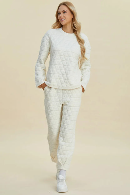 Double Take Full Size Texture Round Neck Long Sleeve Top and Pants Set