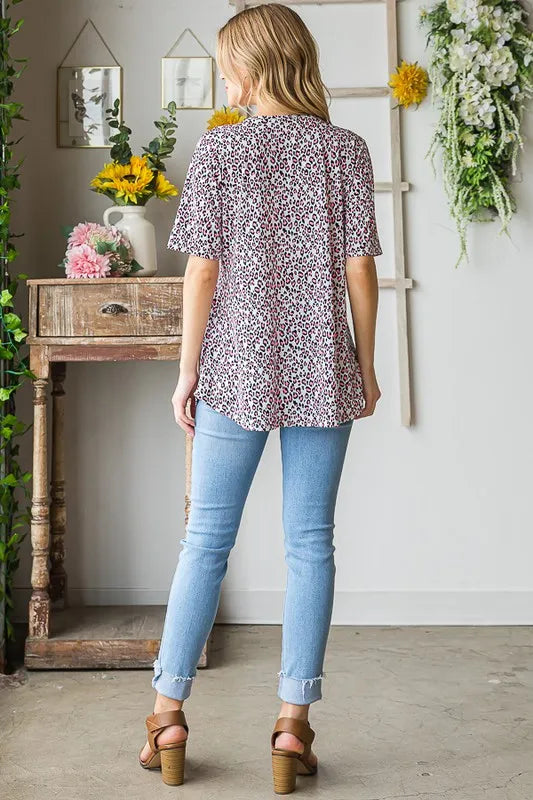 Heimish Full Size Short Sleeve Crisscross Animal Babydoll Top Plus Size