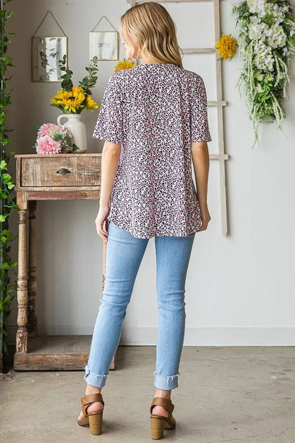 Heimish Full Size Short Sleeve Crisscross Animal Babydoll Top Plus Size