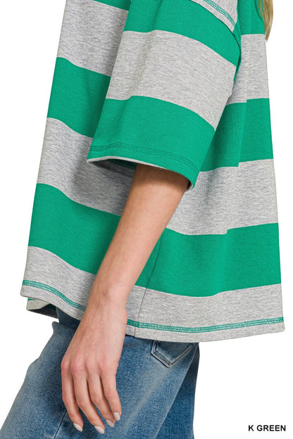 Zenana Frenchterry Striped Half Zip Top & Shorts Set