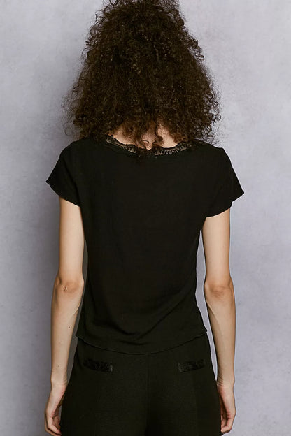 POL Round Neck Short Sleeve Crop T-Shirt with Lace Trim