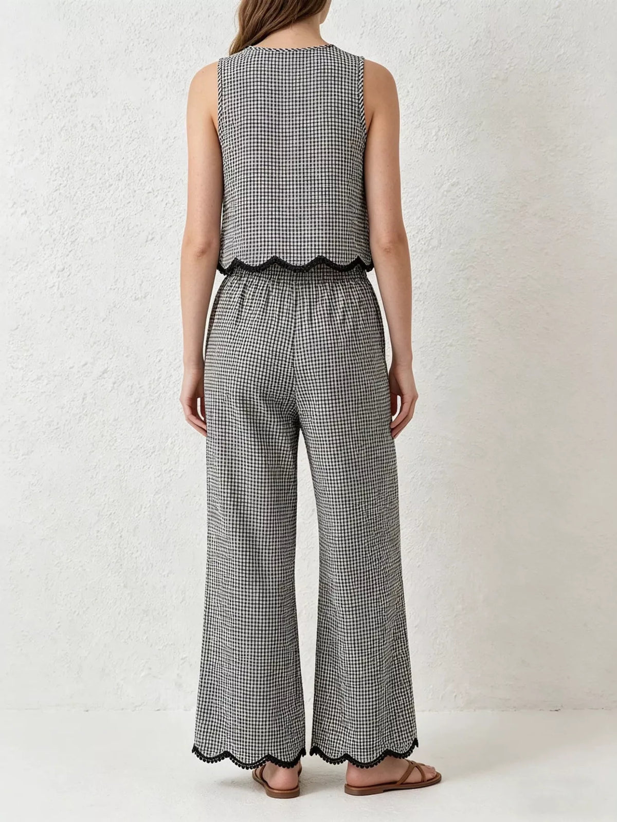 Plaid Scalloped Trim Tank and Pants Set