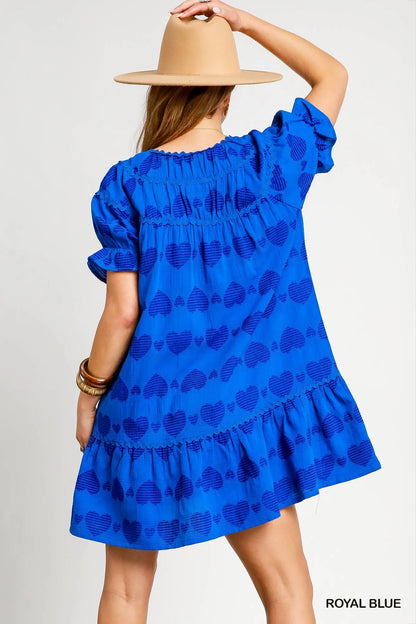 Umgee Heart Pattern Short Sleeve Ruffle Babydoll Dress