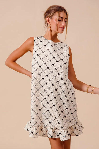 SO ME Texture Bow Printed Mini Ruffle Dress
