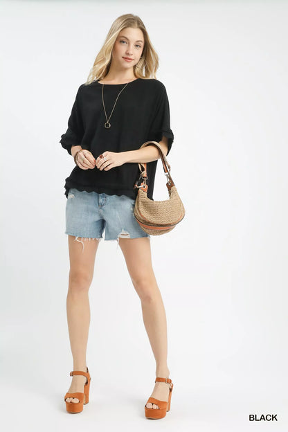 Umgee Linen Frayed Hem Scallop Edge Top