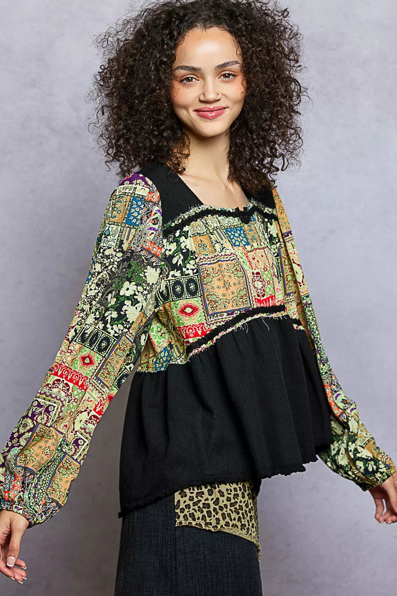 POL Balloon Sleeve Peplum Blouse with Trim Detail