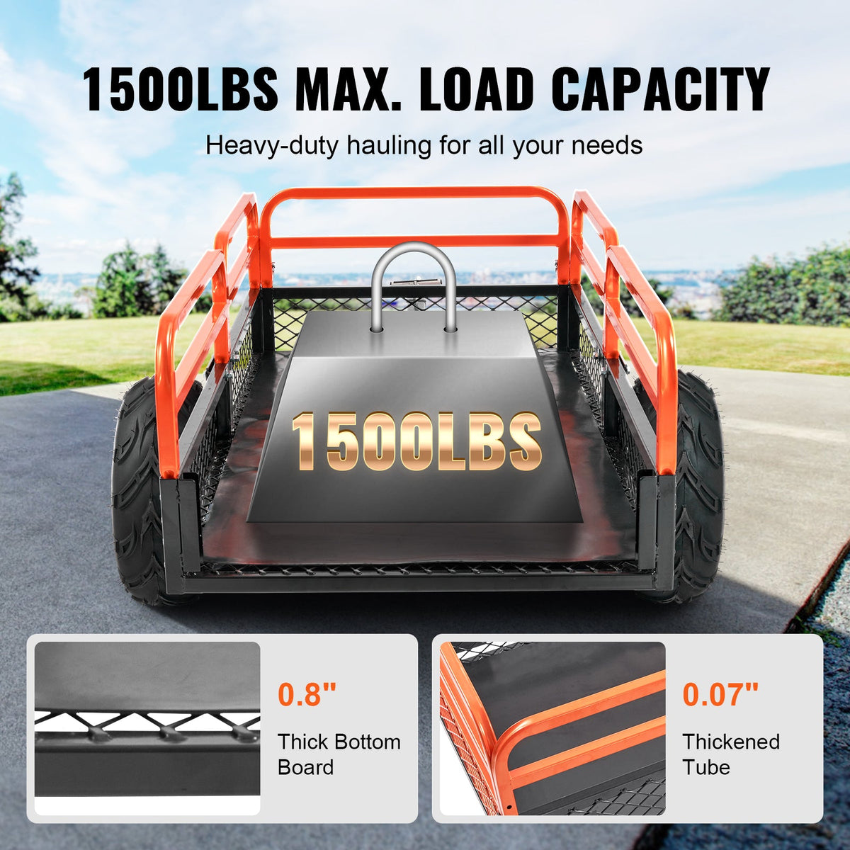 VEVOR Heavy Duty Steel ATV Dump Trailer, 1500-Pound Load Capacity 15 Cubic Feet, Tow Behind Dump Cart Garden Trailer, With Removable Sides And 2 Tires, For Mowers, Tractors, ATV, UTV