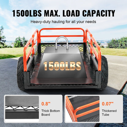 VEVOR Heavy Duty Steel ATV Dump Trailer, 1500-Pound Load Capacity 15 Cubic Feet, Tow Behind Dump Cart Garden Trailer, With Removable Sides And 2 Tires, For Mowers, Tractors, ATV, UTV
