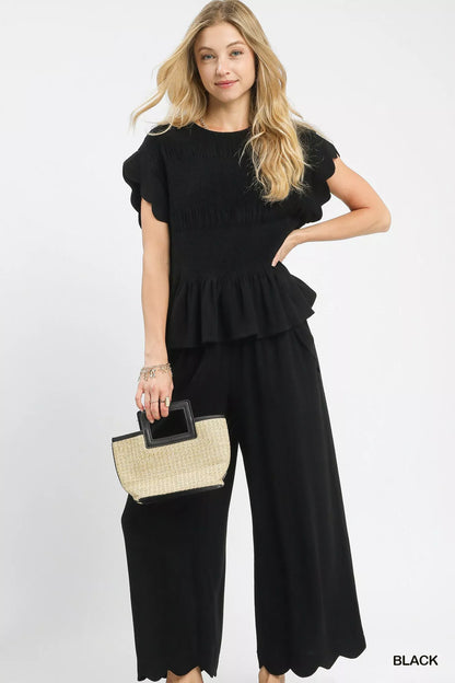 Umgee Linen Blend Smocked Peplum Blouse