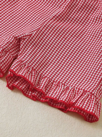 Children's Strawberry Gingham Ruffle Trim Top and Shorts Set
