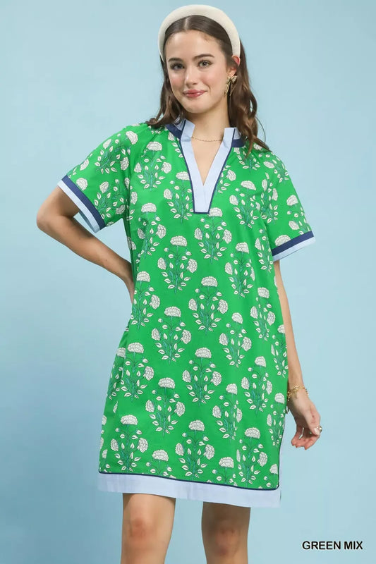 Umgee Printed Split Neck Short Sleeve Shift Dress
