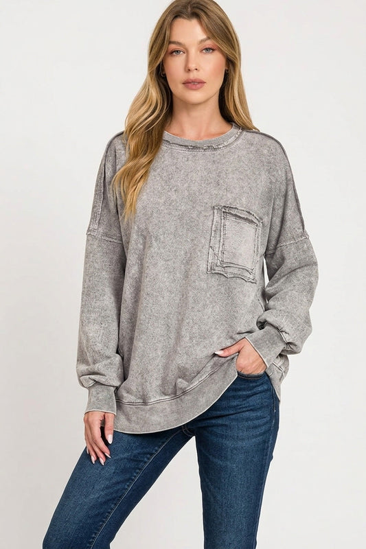 Zenana Halo Washed French Terry Exposed-seam Sweatshirt