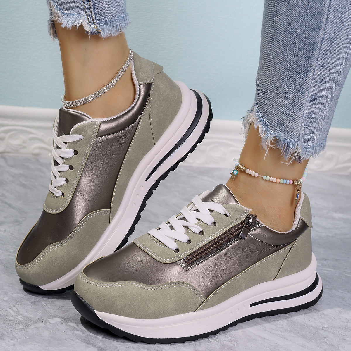 Zipper Detail Lace Up Sneakers