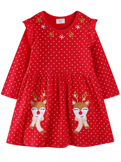 Children's Christmas Reindeer Polka Dot Long Sleeve Dress