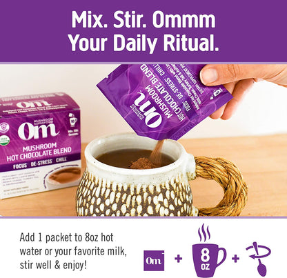 Om Mushroom Superfood Hot Chocolate Blend | Single Serve | 10 Count | Lion's Mane, Reishi, Chaga, Turkey Tail